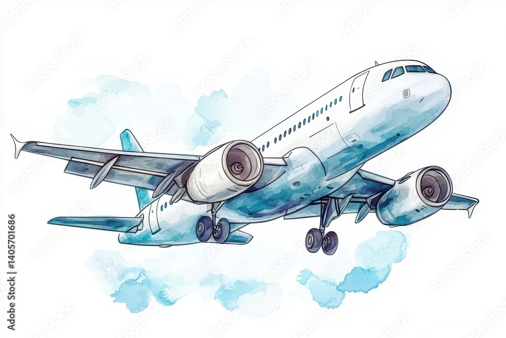 Obraz premium Watercolor Aircraft Illustration. Hand-Drawn Jet Clipart for Summer Travel and Adventure Designs