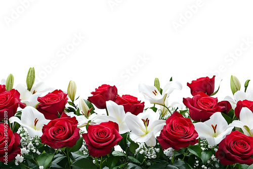 Fototapeta Naklejka Na Ścianę i Meble -  A vibrant floral arrangement featuring red roses and white lilies against a stark transparent background