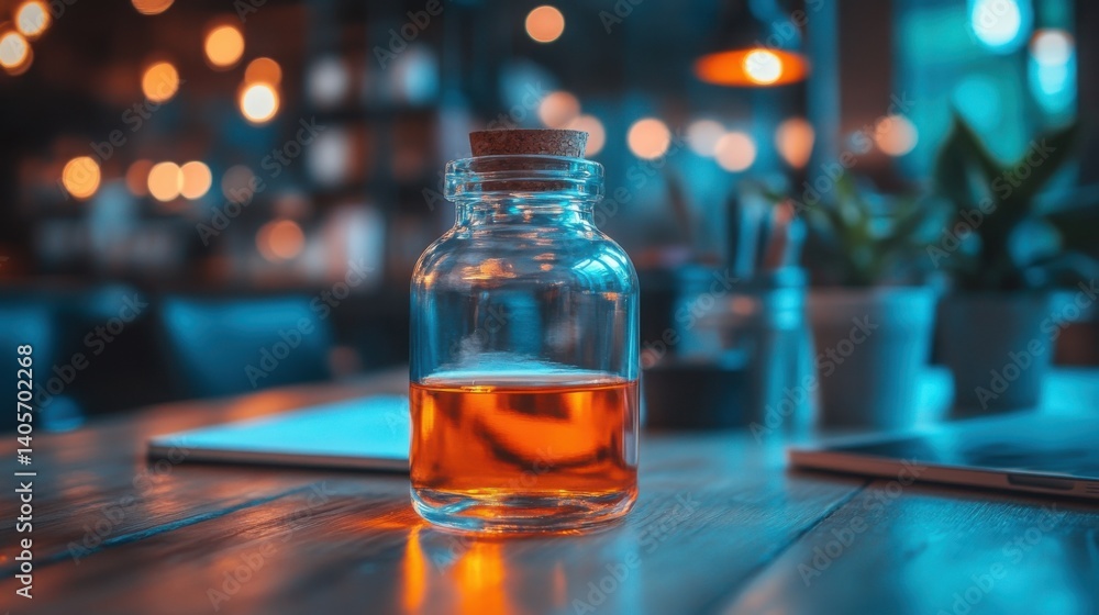 Amber Liquid in Glass Bottle on Wooden Table in Cafe Setting Bokeh Lights Amber Liquid in Glass Bottle on Wooden Table in Cafe Setting Bokeh Lights