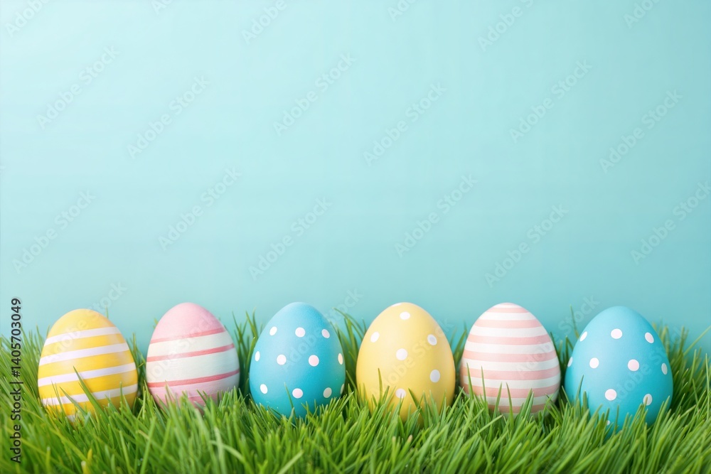 Colorful Easter eggs with stripes and polka dots neatly arranged in fresh green grass against a soft blue background, perfect for seasonal marketing, festive greetings, or children’s Easter themes Colorful Easter eggs with stripes and polka dots neatly arranged in fresh green grass against a soft blue background, perfect for seasonal marketing, festive greetings, or children’s Easter themes