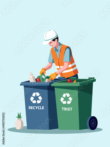 showcasing a sanitation worker carefully sorting different types of waste into labeled recycling bins