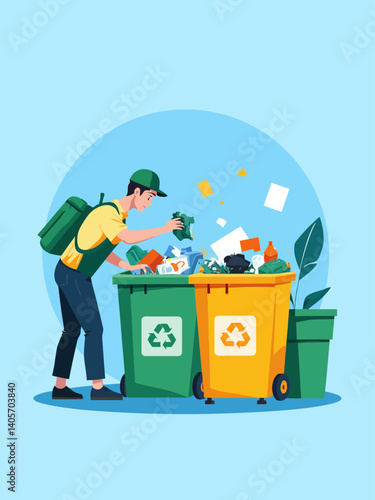 showcasing a sanitation worker carefully sorting different types of waste into labeled recycling bins