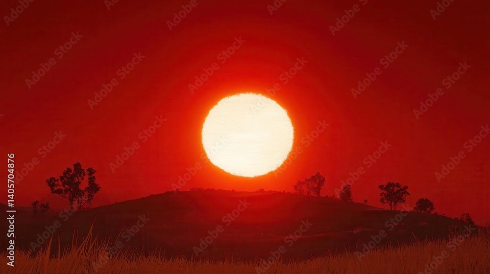 Red sunset over field, fiery sky, silhouetted trees Red sunset over field, fiery sky, silhouetted trees