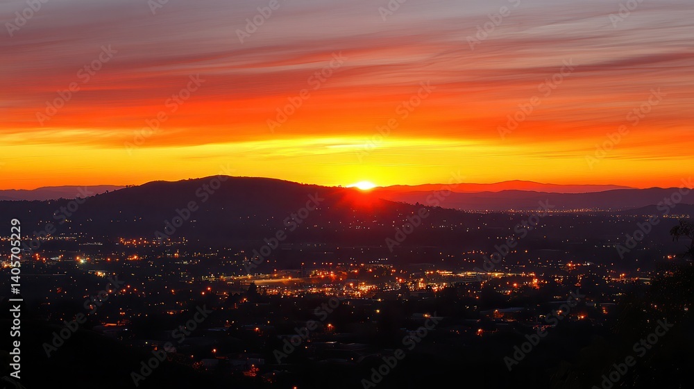 Obraz premium Vibrant sunset over city, hills, landscape