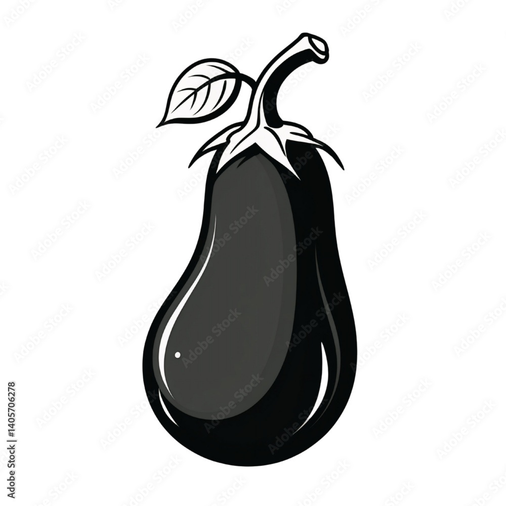 Glossy Black Eggplant Vector with Curved Stem and Leaf