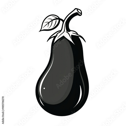 Obraz na płótnie Glossy Black Eggplant Vector with Curved Stem and Leaf w salonie