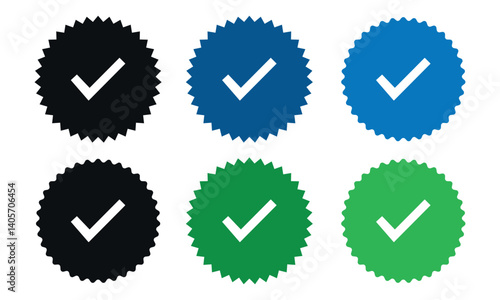 Black, Blue and green tick verified badge icon vector. Social media official account tick symbol