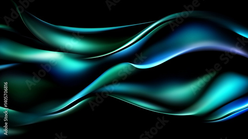 Abstract digital artwork featuring smooth, flowing teal and blue waves on a dark background, creating a sense of depth, motion, and futuristic elegance.