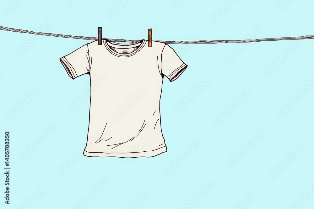 Single white t-shirt hanging on clothesline sky background
