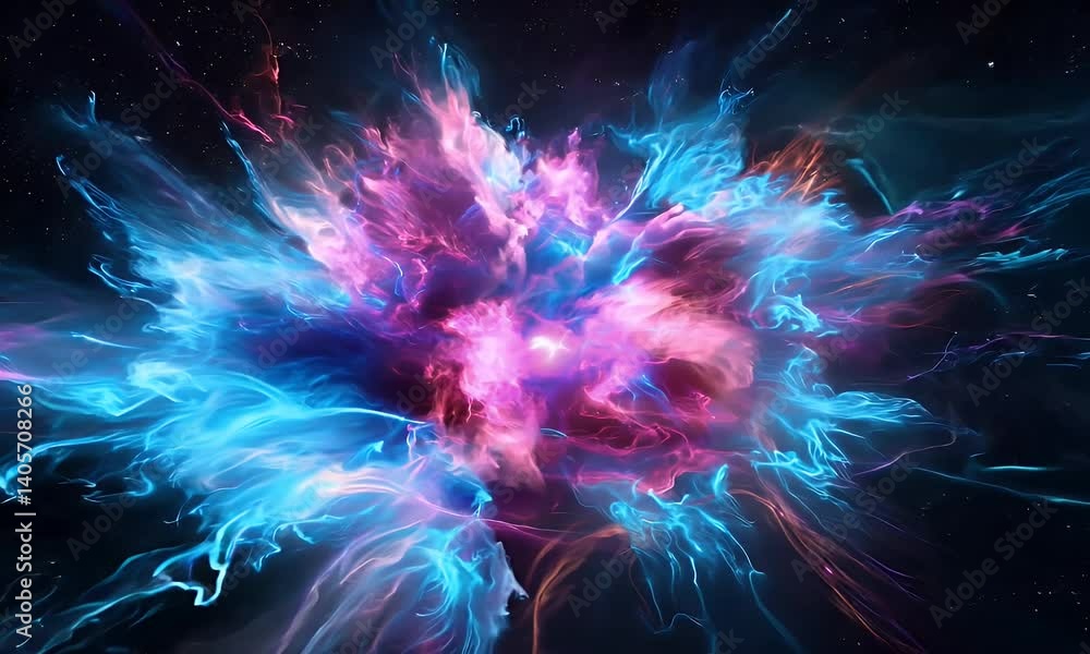 Futuristic cosmic explosion with neon blue and magenta plasma clouds in deep space Futuristic cosmic explosion with neon blue and magenta plasma clouds in deep space