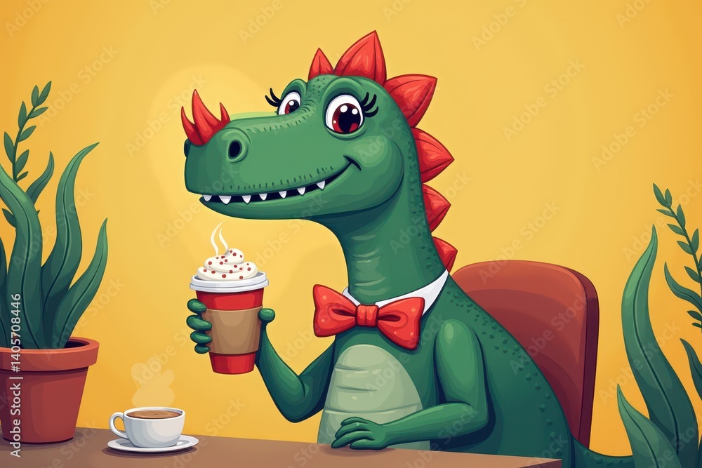 Dinosaur enjoying hot coffee in whimsical cafe
