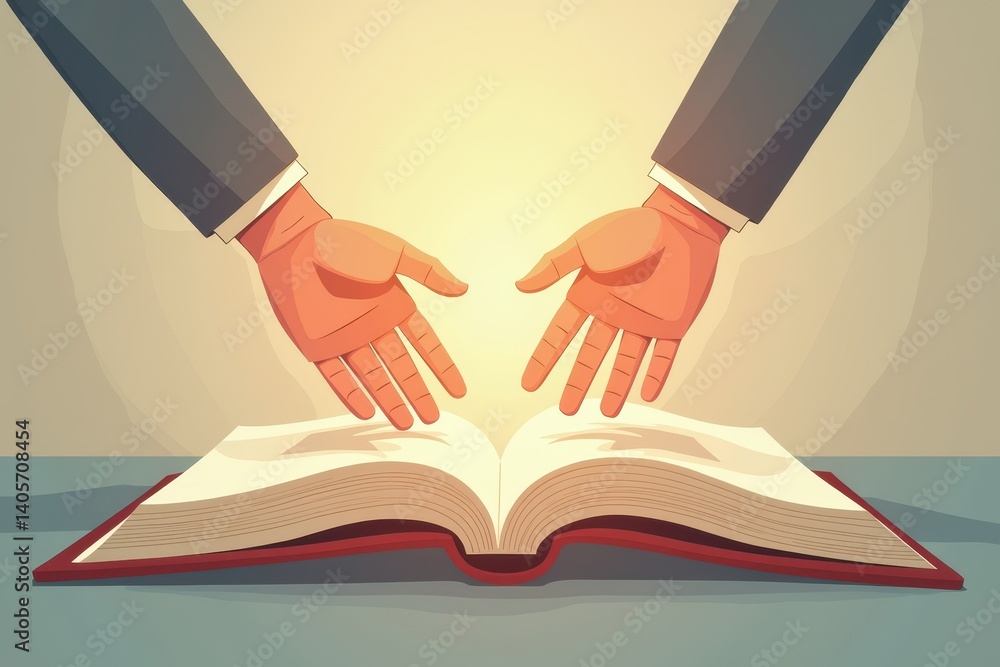 Hands gesturing open book in warm light