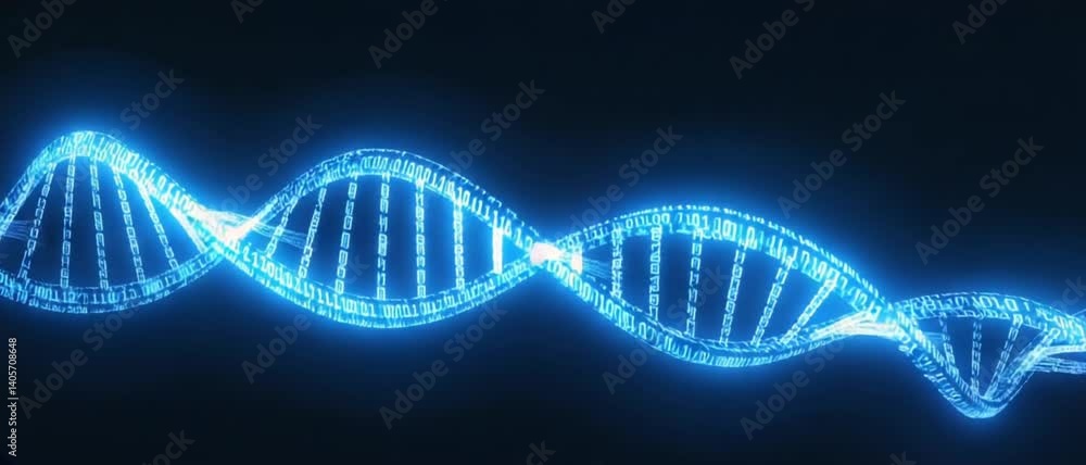 A glowing DNA helix made of binary code spins in digital space against a dark background. Concept of bioinformatics, digital genetics, and future of biotechnology.

