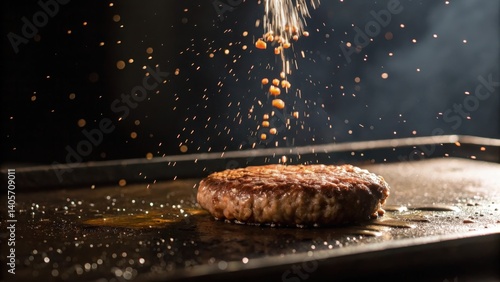 Sizzling Burger Patty: Juicy burger patty sizzling on a hot griddle, with oil splattering and steam rising, creating a mouth-watering image. 