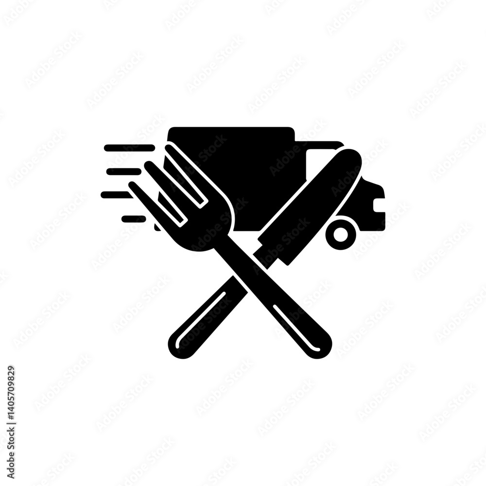 Crossed Fork and Knife with Delivery Van in Background Symbolizing Food Service Crossed Fork and Knife with Delivery Van in Background Symbolizing Food Service