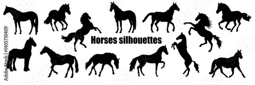 Set of silhouettes of horses in different poses. Horse racing