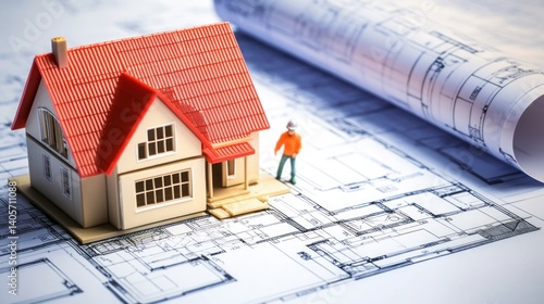 Miniature house model sits atop architectural blueprints, suggesting a new home project. A small figure stands near the model, implying a construction worker or homeowner