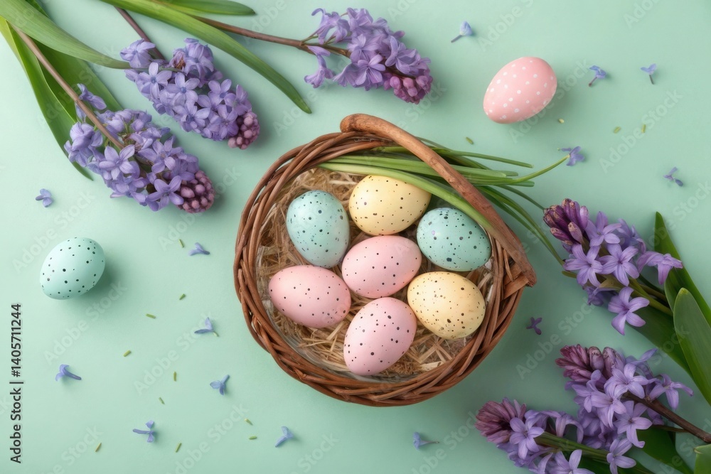 Easter Eggs in Basket with Purple Flowers on Green Background, Festive Spring Decor Easter Eggs in Basket with Purple Flowers on Green Background, Festive Spring Decor