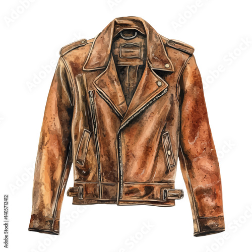 Vintage Leather Jacket With Distressed Finish, watercolor vector, isolated on a white background.
