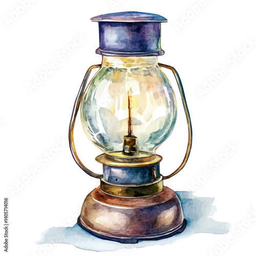 watercolor of Vintage Kerosene Lamp With Chimney, vector, isolated on a white background.