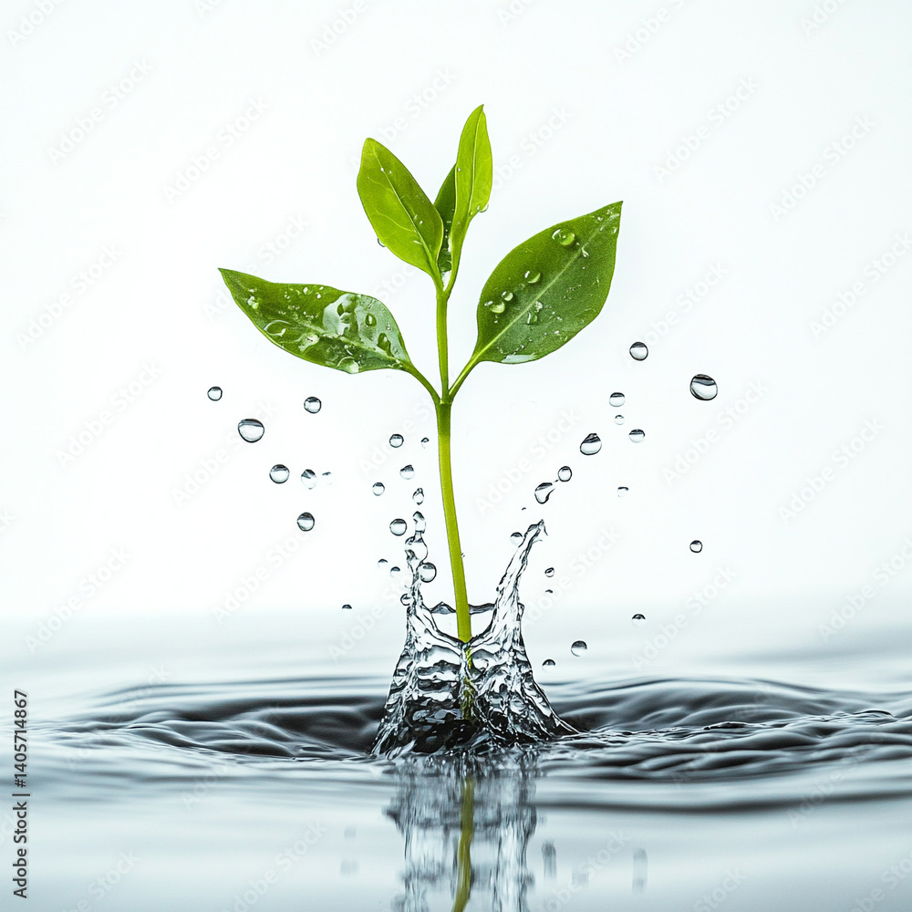 Fresh green seedling emerging from a splash of water against a clean white background, symbolizing growth, purity, renewal, and the essential connection between nature and water.