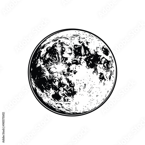 Full Moon Sketch with Craters, Hand Drawn Lunar Surface on Transparent Background