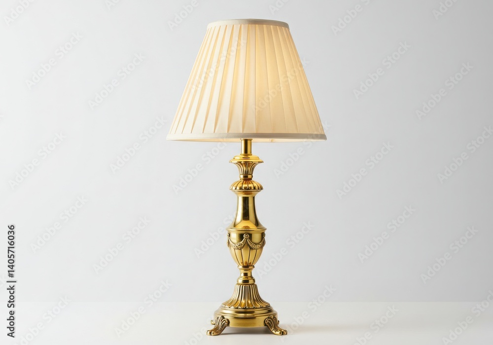 A golden lamp with a white lampshade on isoleted white background A golden lamp with a white lampshade on isoleted white background