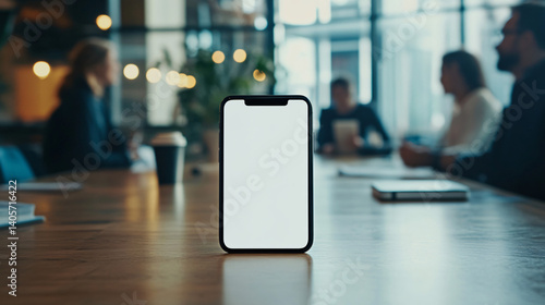 Wallpaper Mural Blank Smartphone Display on Table in Modern Conference Room Setting Torontodigital.ca