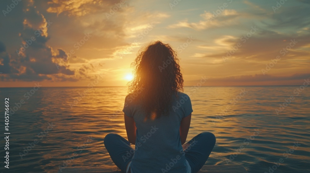 Fototapeta premium Young curly Caucasian woman enjoying the sea sunset during vacation, meditation relaxation concept