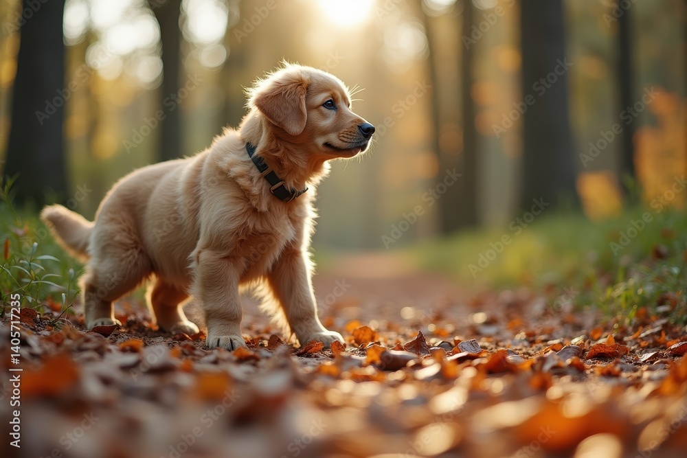 Golden retriever puppy enjoying autumn