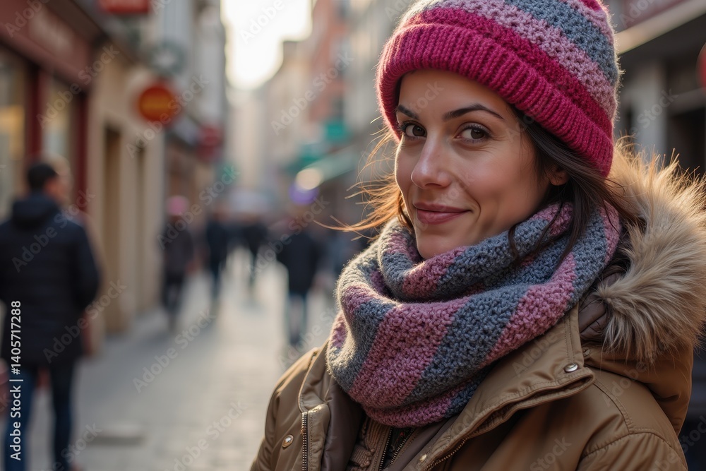 Woman in cozy winter outfit smiling on urban street