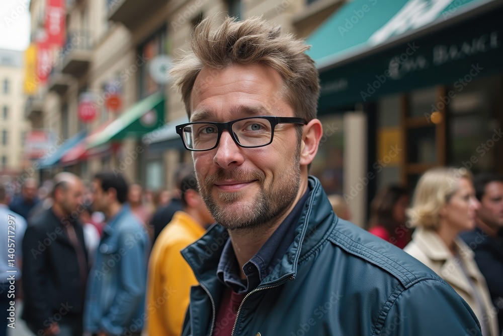 Casual street portrait of smiling man with glasses in urban setting