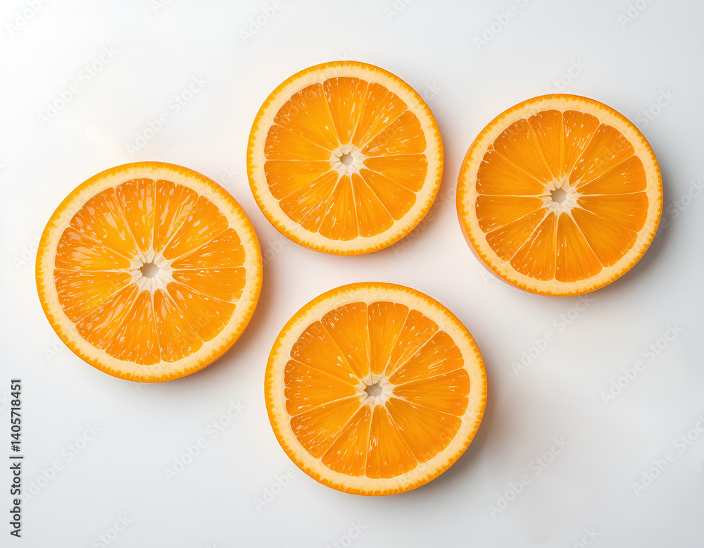 Orange slices on a white background showing fresh and juicy citrus fruit Orange slices on a white background showing fresh and juicy citrus fruit