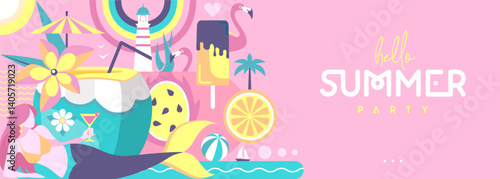 Hello Summer flat poster or banner with mermaid, cocktails, flamingo, tropic fruits and rainbow. Vector illustration