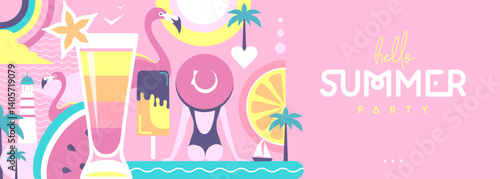 Hello Summer flat poster or banner with lighthouse, cocktail, flamingo, tropic fruits and rainbow. Vector illustration