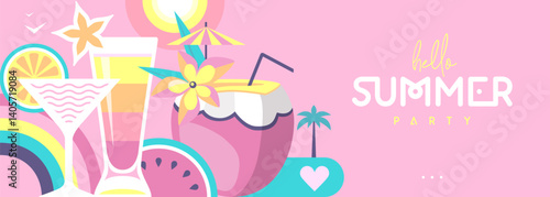 Hello Summer flat poster or banner with tropic cocktails, watermelon, tropic fruits and rainbow. Vector illustration