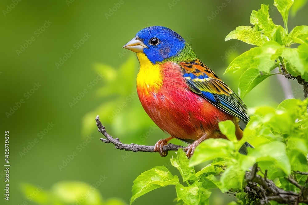 Fototapeta premium Male Painted Bunting (Passerina ciris) Perched in Spring: A Colourful Songbird Foraging in the Wild Texas Habitat