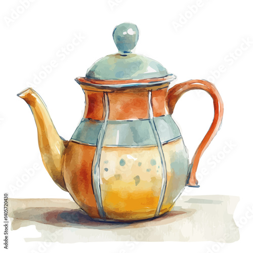 watercolor of Vintage Ceramic Teapot On A Kitchen Counter, vector, isolated on a white background.