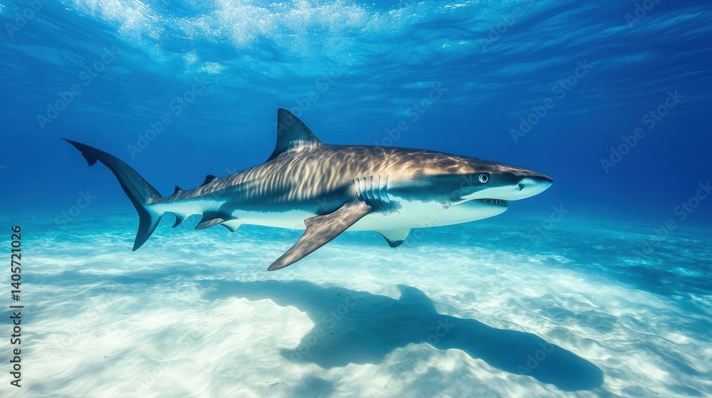 Naklejka premium Majestic Tiger Shark Swimming Gracefully Beneath the Waves in Grand Bahama, Bahamas