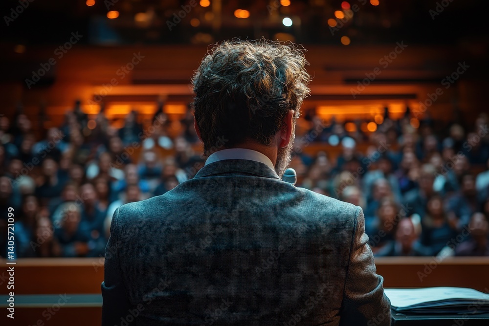 Speaker addresses an engaged audience during a formal event in a modern auditorium Speaker addresses an engaged audience during a formal event in a modern auditorium
