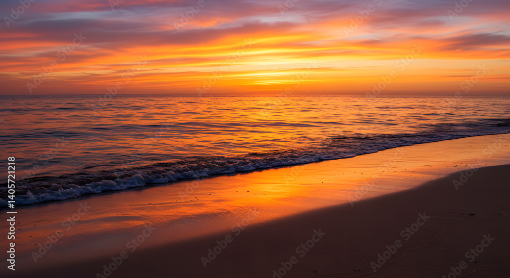 Obraz premium Stunning coastal sunset with glowing clouds and vivid ocean reflections — perfect for travel, nature, relaxation, and inspirational visuals in both print and digital use.