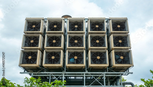Large industrial cooling system with multiple fans operating under cloudy skies