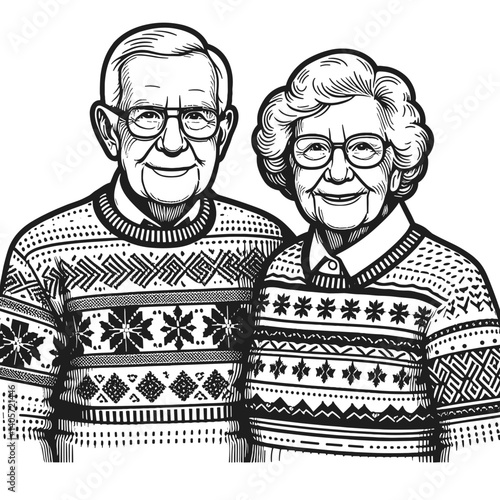 Elderly couple in holiday sweaters smiling together in black and white  