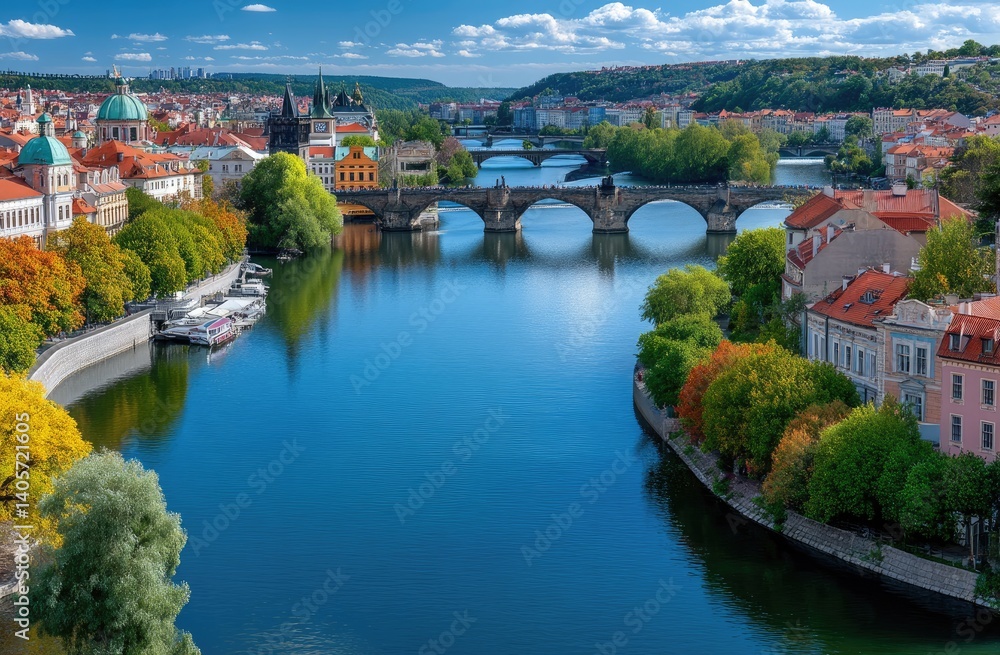 Obraz premium Panoramic view of Prague city with Charles Bridge, colorful buildings, and bridges over the River.