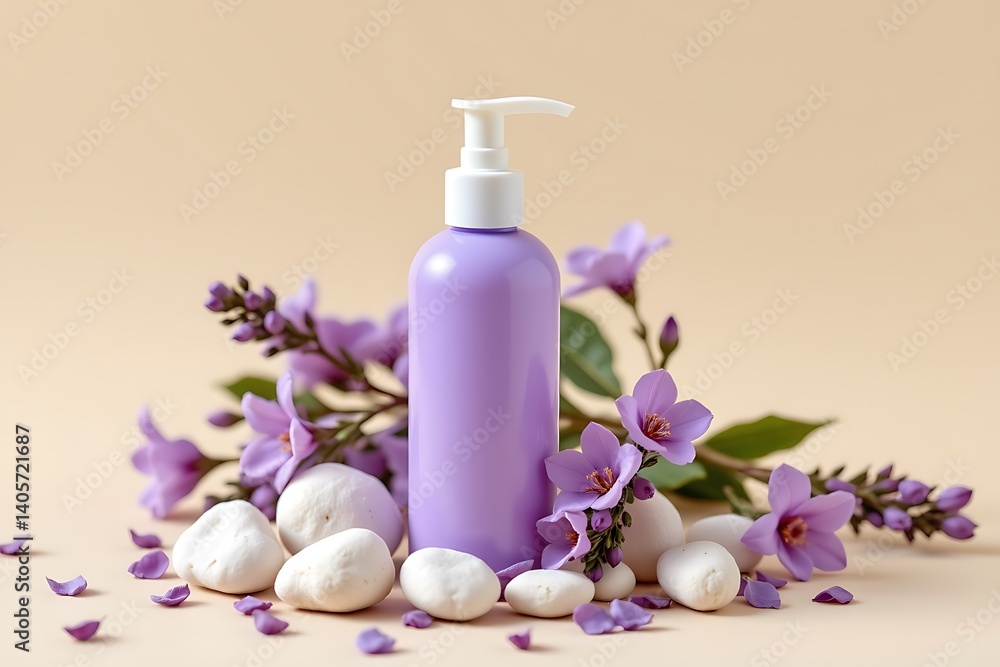 The bottle should have no label, no text, no logo, and no images or decorative elements on it Lavender colored cosmetic bottle with blooming purple flowers, placed on white stones The bottle should have no label, no text, no logo, and no images or decorative elements on it Lavender colored cosmetic bottle with blooming purple flowers, placed on white stones