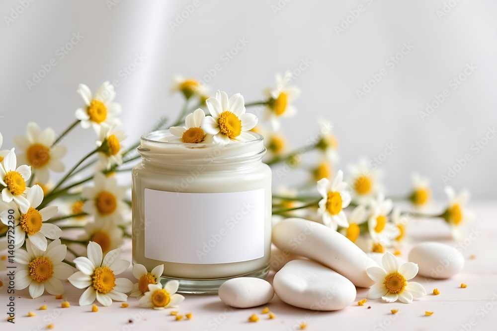 The bottle should have no label, no text, no logo, and no images or decorative elements on it Cream jar with chamomile flowers and white stones, healing and pure concept The bottle should have no label, no text, no logo, and no images or decorative elements on it Cream jar with chamomile flowers and white stones, healing and pure concept