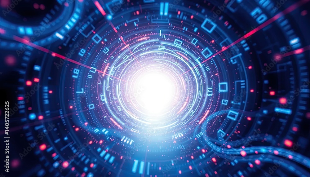 Abstract Digital Tunnel with Bright Light and Geometric Shapes Abstract Digital Tunnel with Bright Light and Geometric Shapes