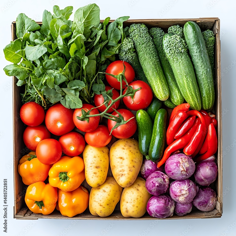 Fresh Harvest: An assortment of vibrant, fresh, and healthy vegetables, artfully arranged in a wooden crate, showcasing the bounty of the season. Fresh Harvest: An assortment of vibrant, fresh, and healthy vegetables, artfully arranged in a wooden crate, showcasing the bounty of the season.
