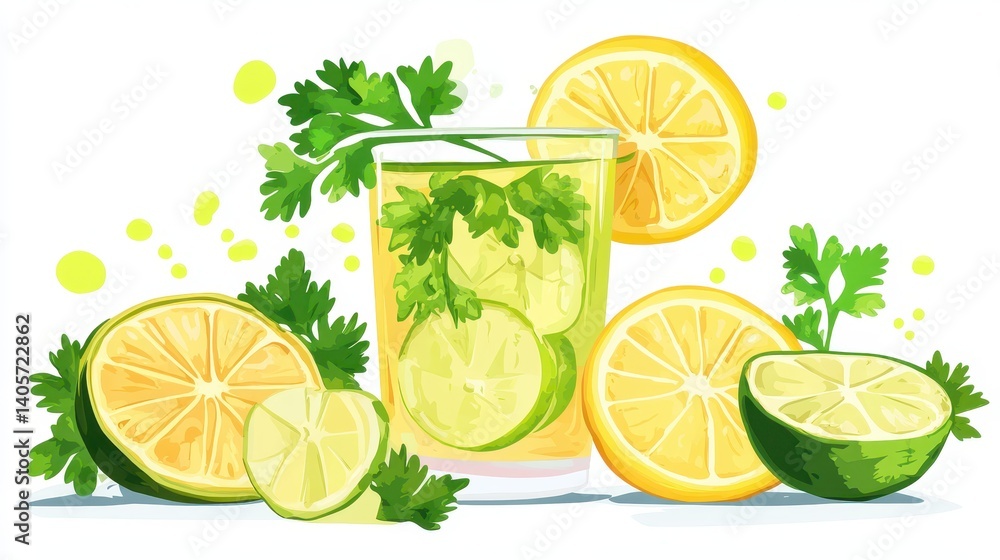 Refreshing Parsley Infusion: Tea with Zesty Lemon and Lime Slices on a Clean White Background Refreshing Parsley Infusion: Tea with Zesty Lemon and Lime Slices on a Clean White Background
