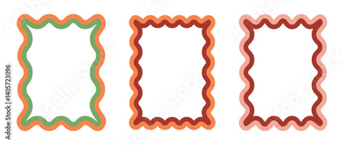 Set of rectangular frames with wavy edges and color border. Wavy jagged rectangle border templates in 1960s style. Vector template for poster, card, invitation, banner.